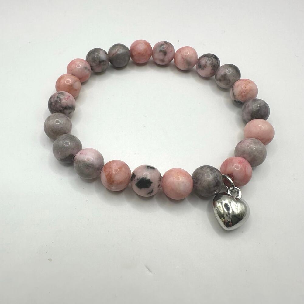 Unbranded Pink Gray Round Bead Ball Stretch Bracelet Silver tone Heart Charm